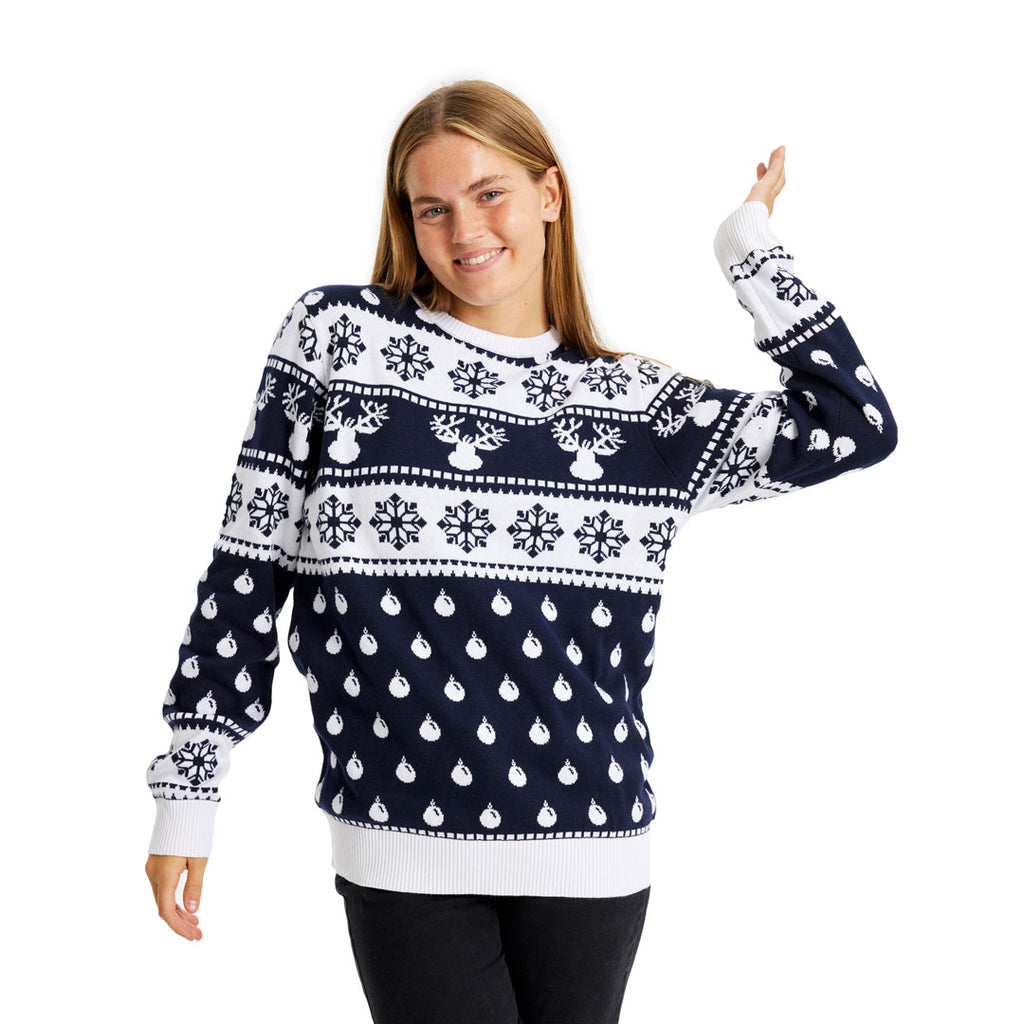 Blue Christmas Jumper with Reindeers and Snow Womens