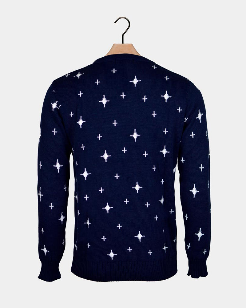 Blue Christmas Jumper with Reindeers, Christmas Tree and Star Back
