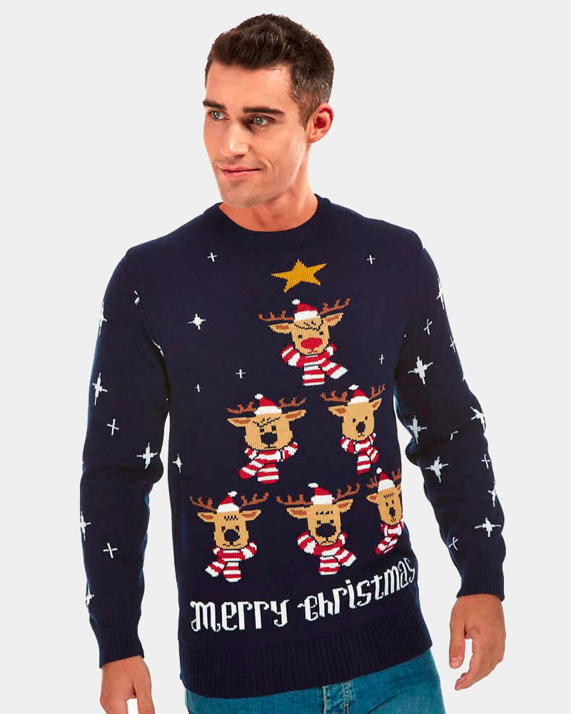 Blue Christmas Jumper with Reindeers, Christmas Tree and Star Mens