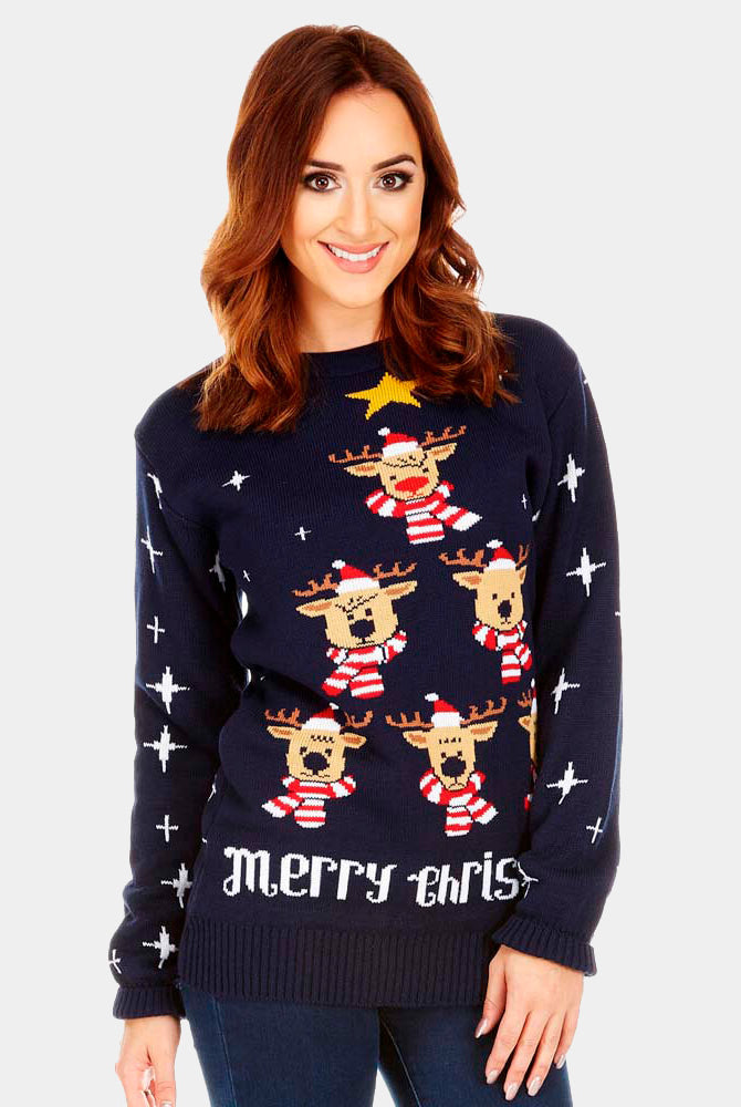 Blue Christmas Jumper with Reindeers, Christmas Tree and Star Womens