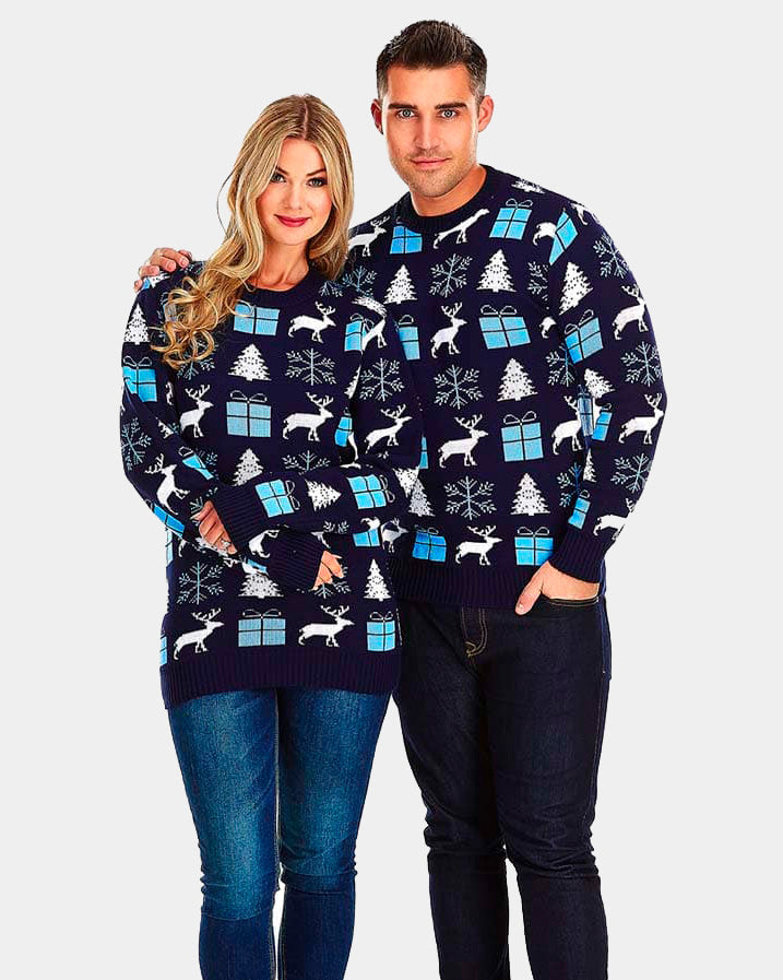 Blue Christmas Jumper with Reindeers, Gifts and Trees Couples