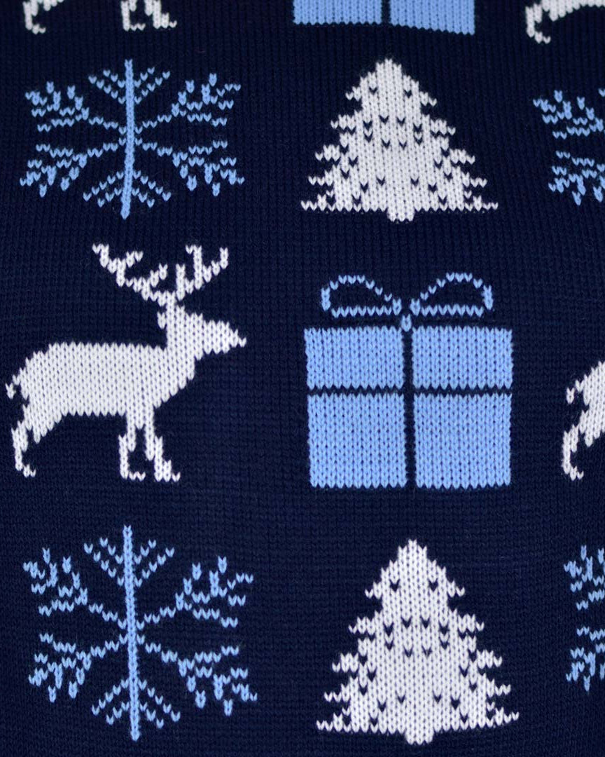 Blue Christmas Jumper with Reindeers, Gifts and Trees Detail