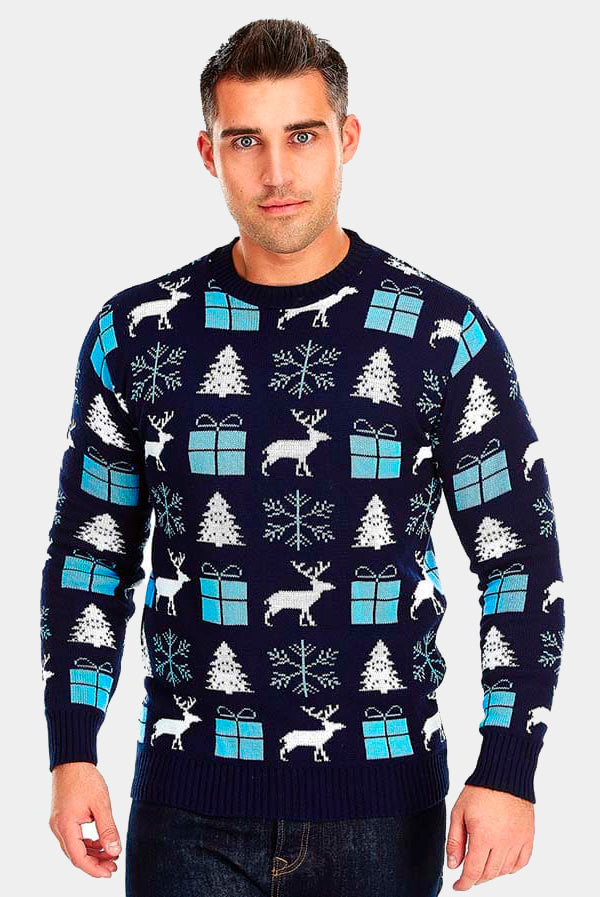 Blue Christmas Jumper with Reindeers, Gifts and Trees Mens