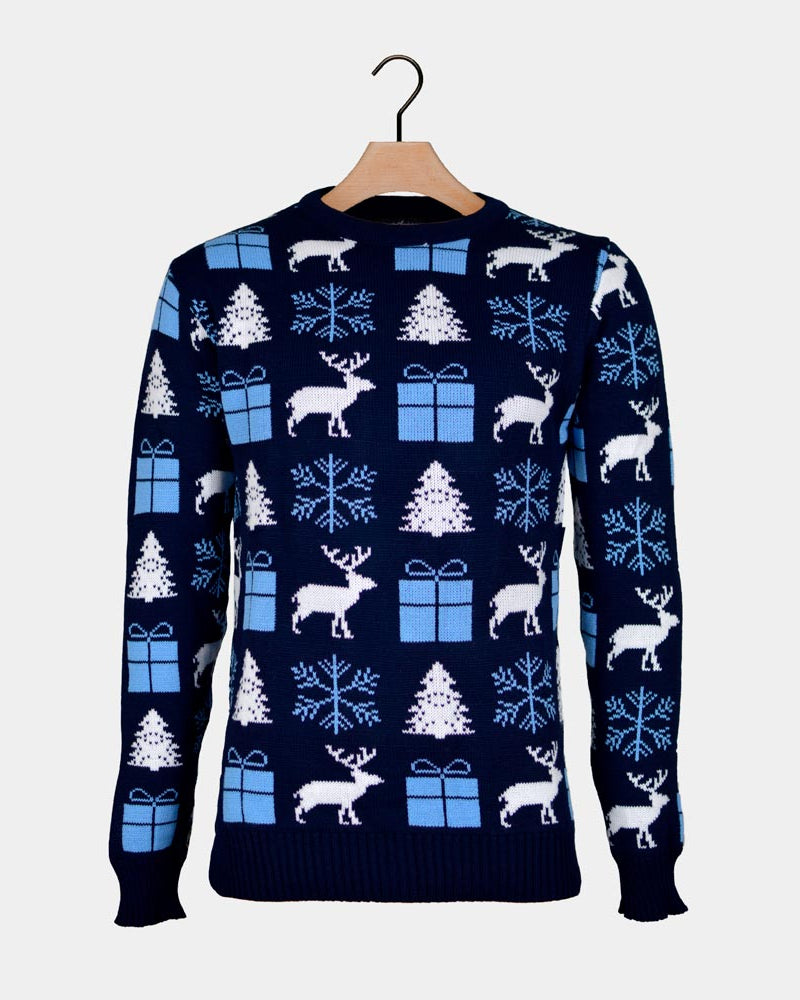 Blue Christmas Jumper with Reindeers, Gifts and Trees