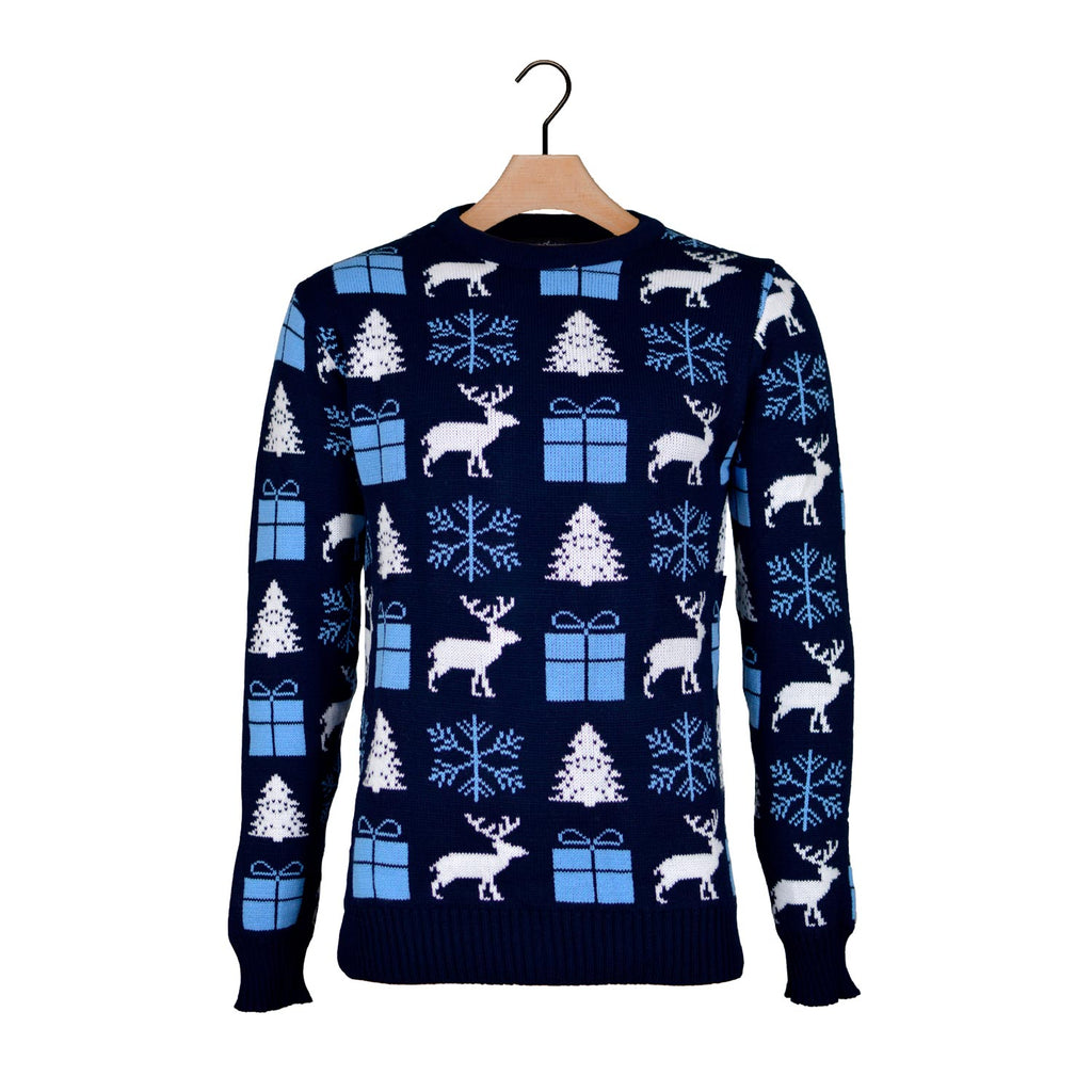 Blue Christmas Jumper with Reindeers, Gifts and Trees