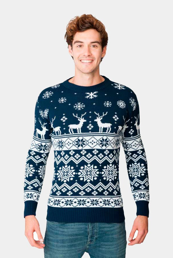 Mens Blue Christmas Jumper with Reindeers and Nordic Stars 2021