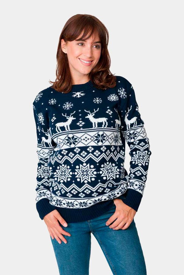 Womens Blue Christmas Jumper with Reindeers and Nordic Stars 2021