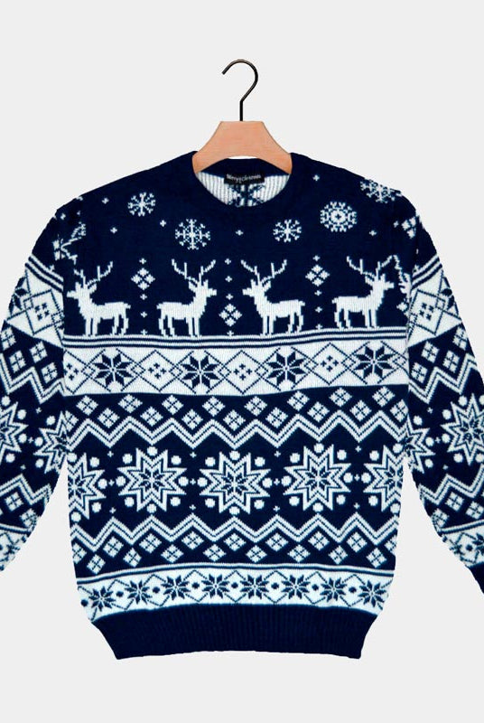 Blue Christmas Jumper with Reindeers and Nordic Stars 2021