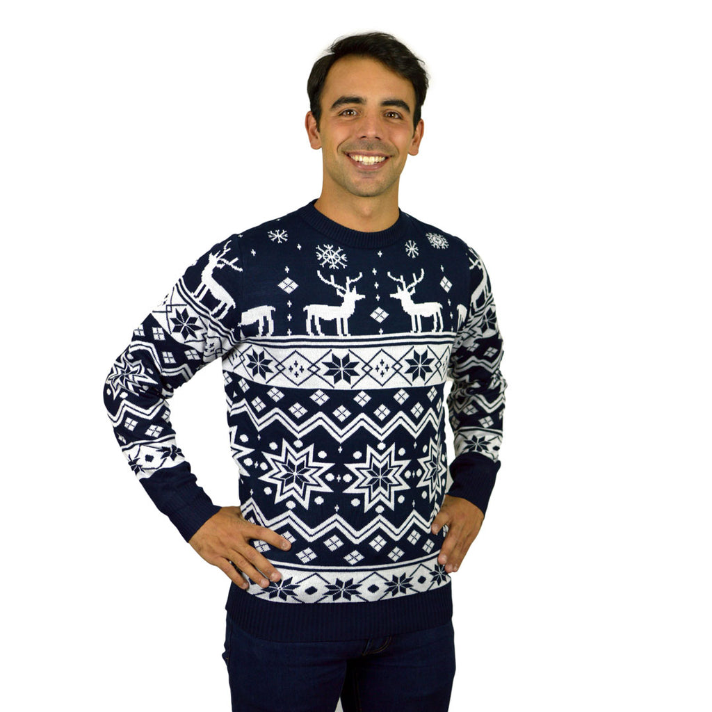 Blue Christmas Jumper with Reindeers and Nordic Stars Mens