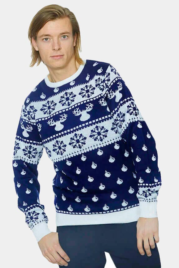 Blue Christmas Jumper with Reindeers and Snow 2021 Mens