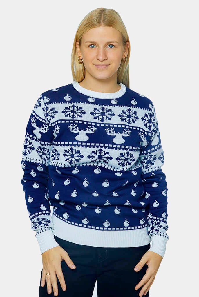 Blue Christmas Jumper with Reindeers and Snow 2021 Womens