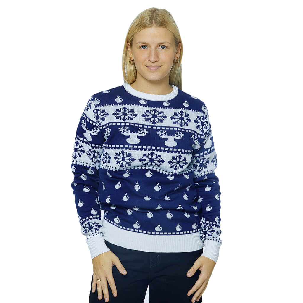 Blue Christmas Jumper with Reindeers and Snow 2021 Womens
