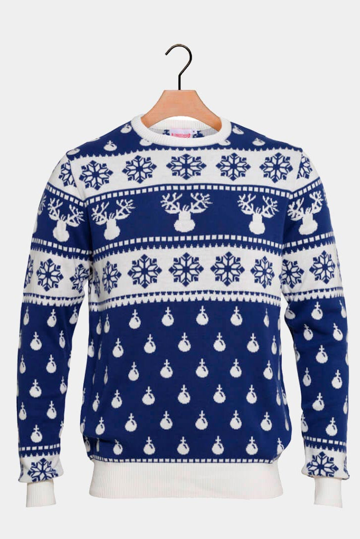 Blue Christmas Jumper with Reindeers and Snow 2021