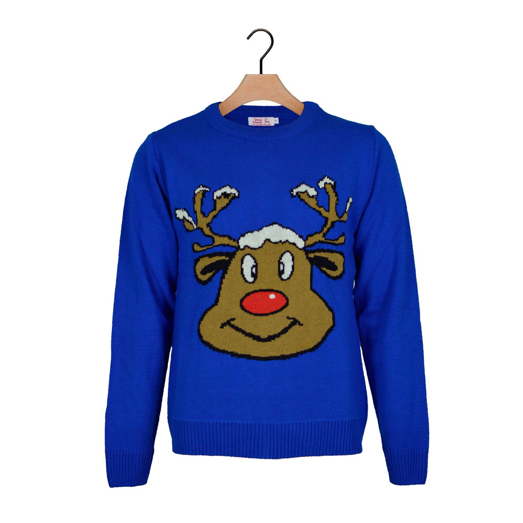 Blue Christmas Jumper with Smiling Reindeer