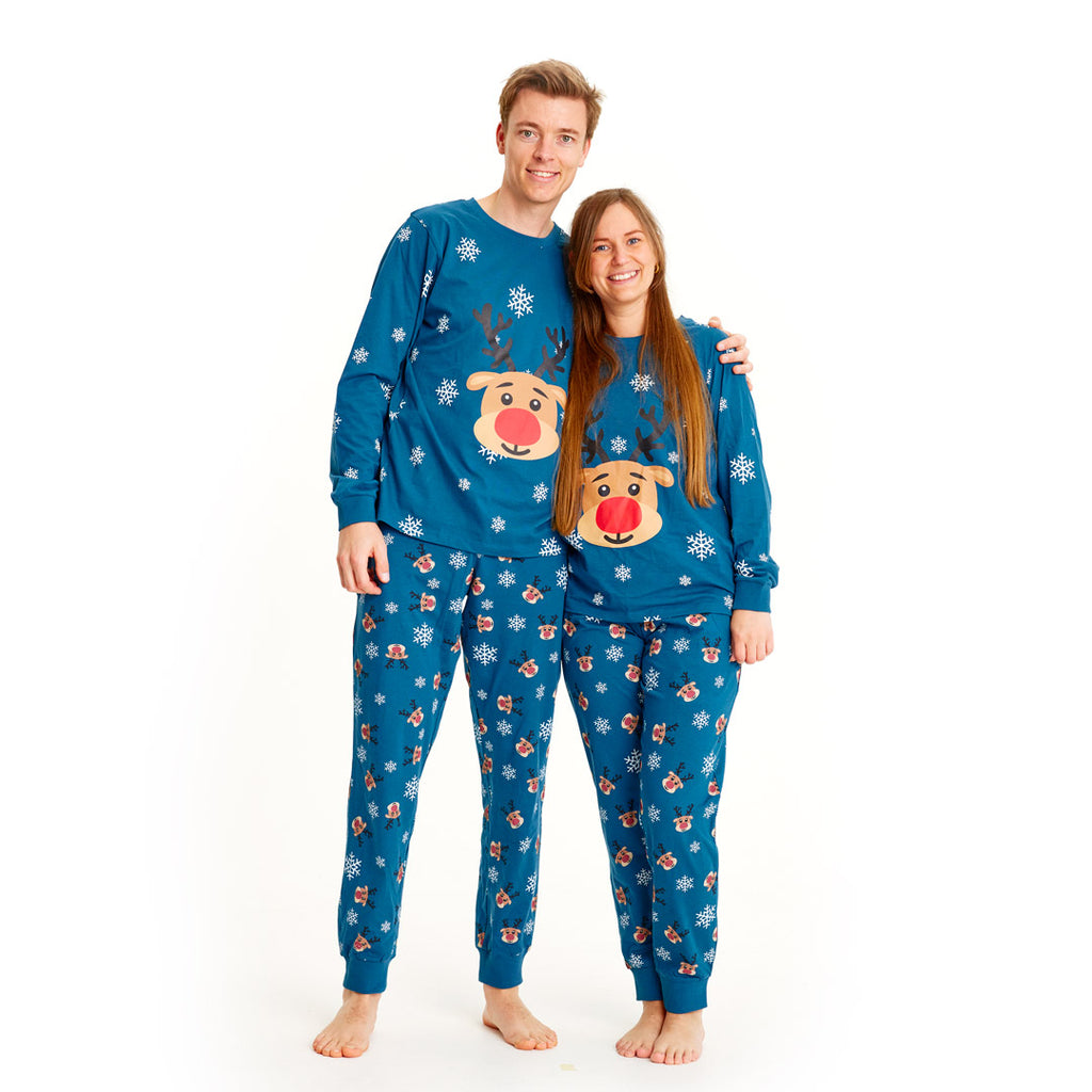 Blue Christmas Pyjama for Family with Rudolph the Reindeer Couples