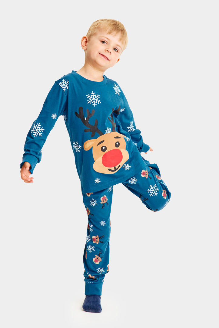 Blue Christmas Pyjama for Family with Rudolph the Reindeer Kids