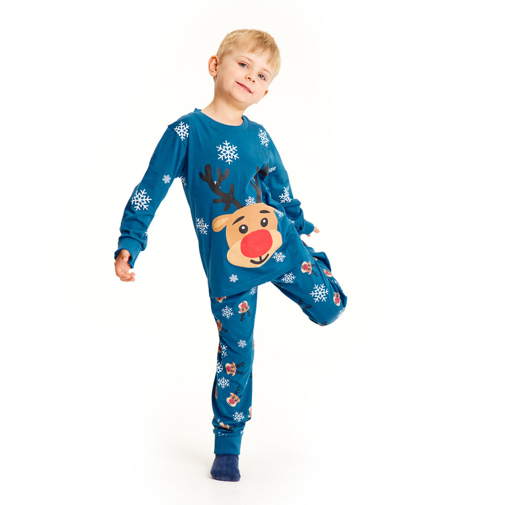 Blue Christmas Pyjama for Family with Rudolph the Reindeer Kids