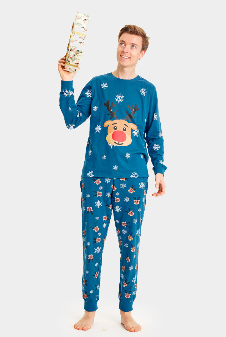 Blue Christmas Pyjama for Family with Rudolph the Reindeer Mens