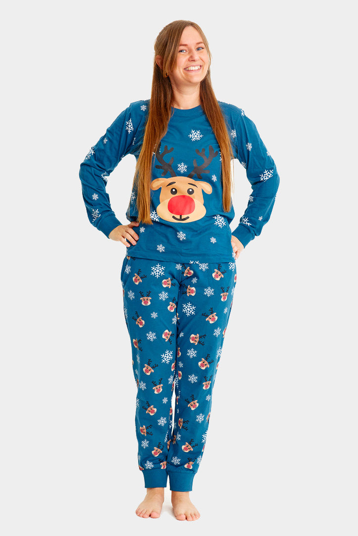 Blue Christmas Pyjama for Family with Rudolph the Reindeer Womens