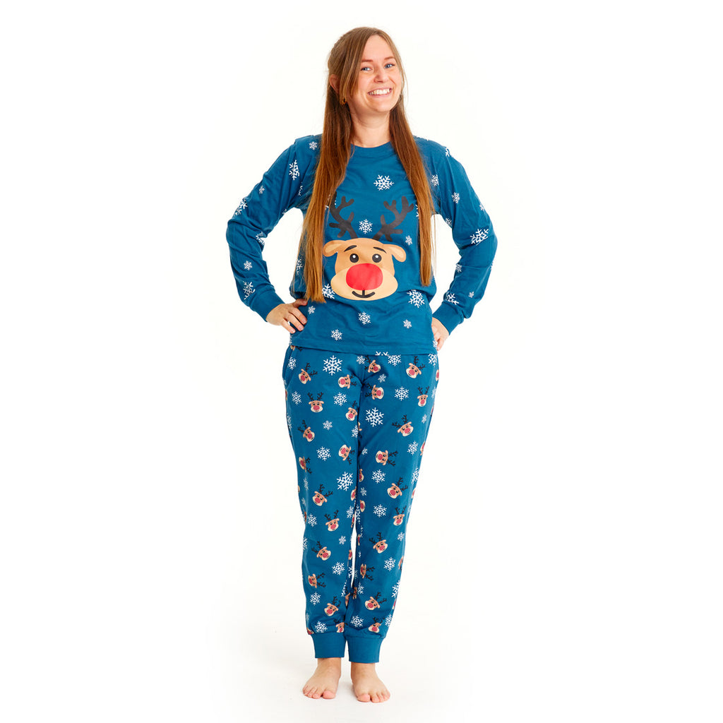 Blue Christmas Pyjama for Family with Rudolph the Reindeer Womens