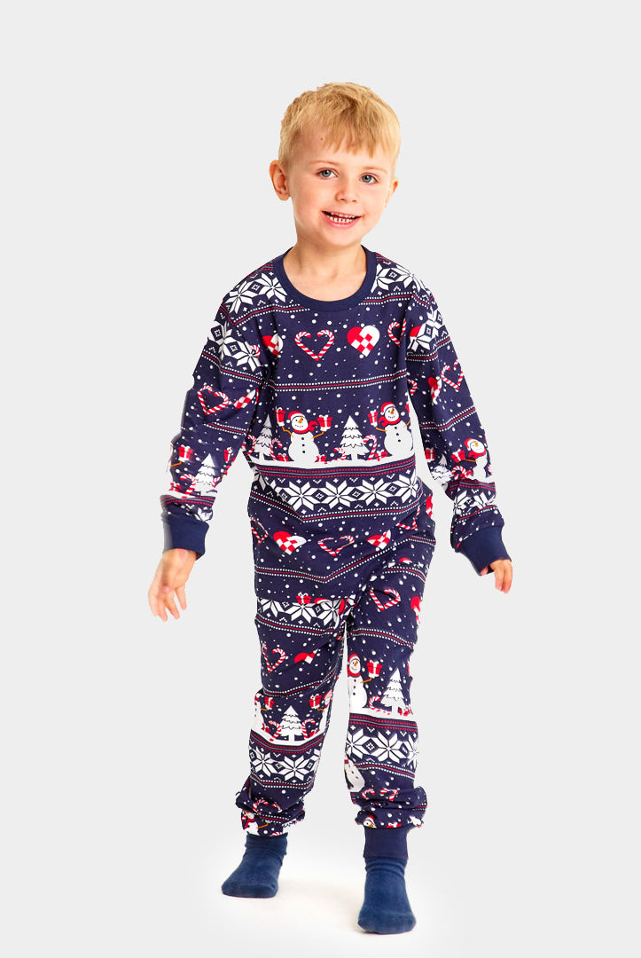 Blue Christmas Pyjama for Family with Snowmen and Hearts Kids