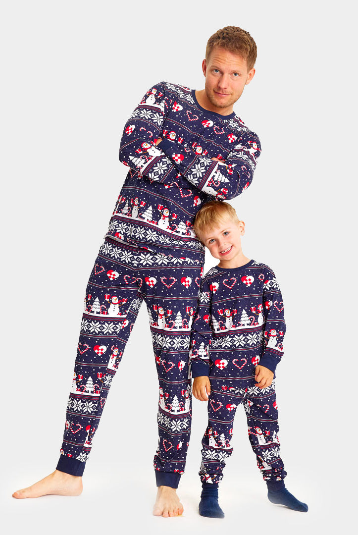 Blue Christmas Pyjama for Family with Snowmen and Hearts