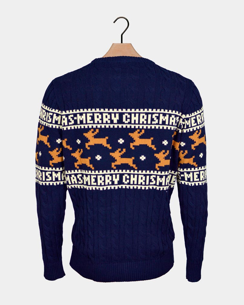 Blue Elegant Christmas Jumper with Reindeers Back
