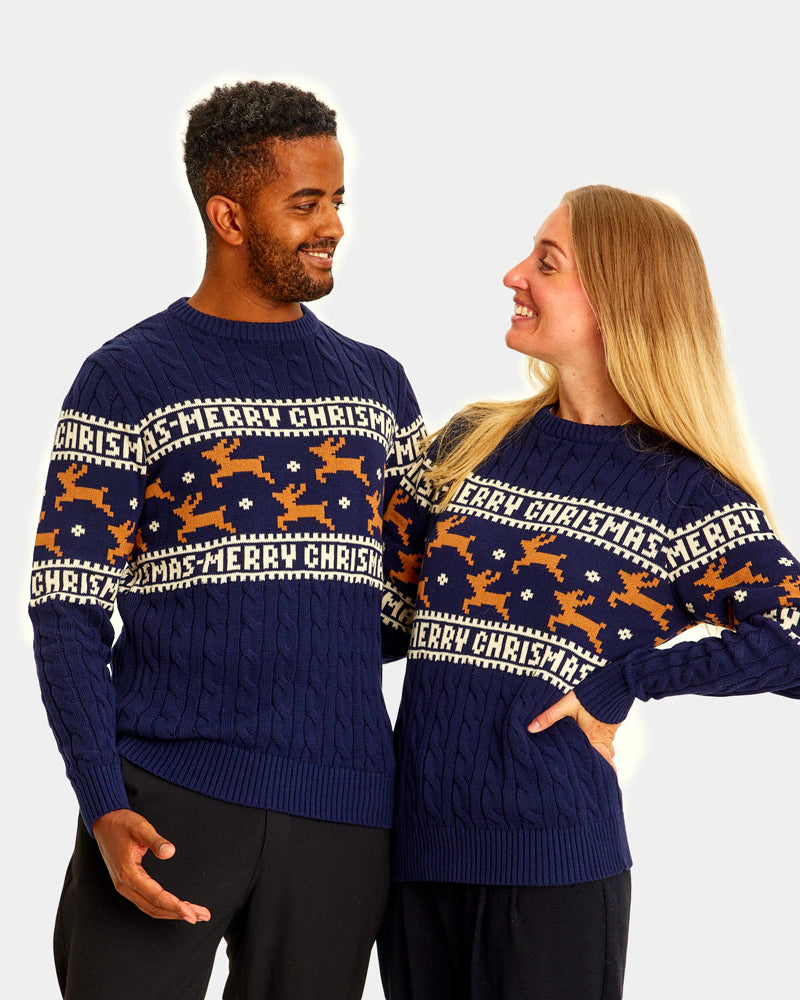 Blue Elegant Christmas Jumper with Reindeers Couple