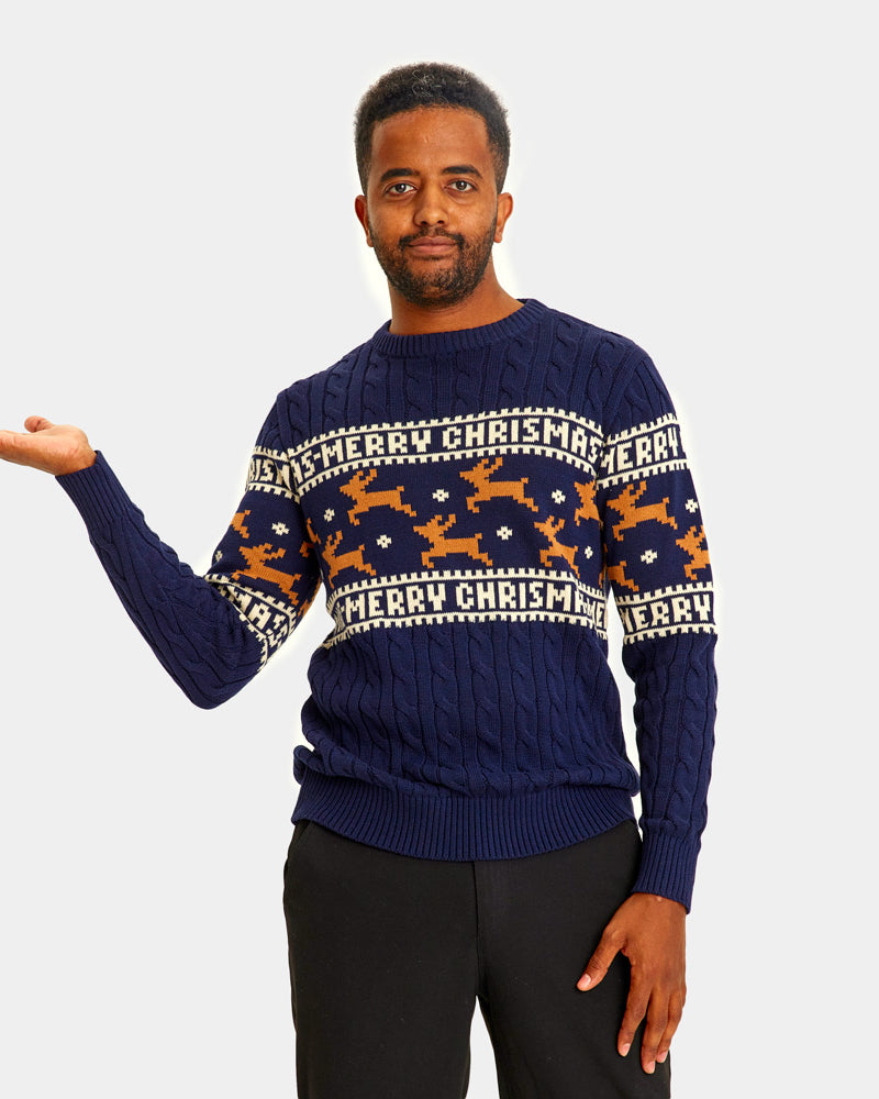 Blue Elegant Christmas Jumper with Reindeers Mens