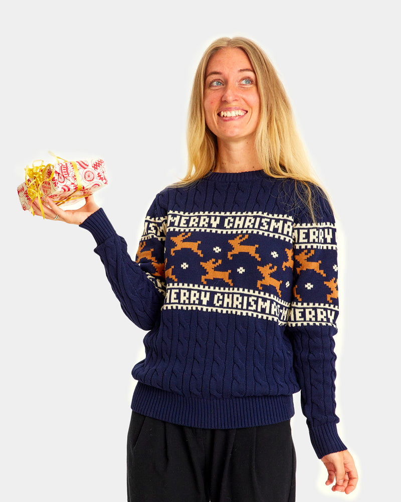 Blue Elegant Christmas Jumper with Reindeers Womens