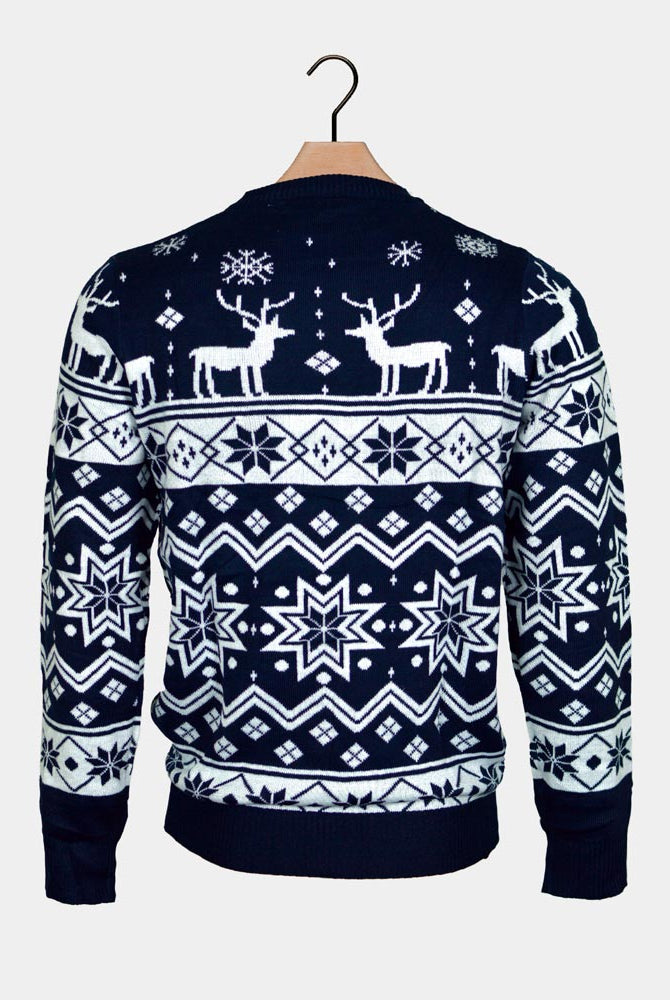 Blue Family Christmas Jumper with Reindeers and Nordic Stars Back
