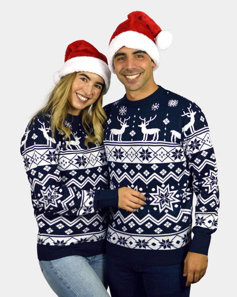 Blue Family Christmas Jumper with Reindeers and Nordic Stars couple
