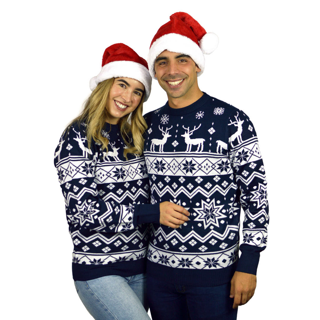 Blue Family Christmas Jumper with Reindeers and Nordic Stars couple