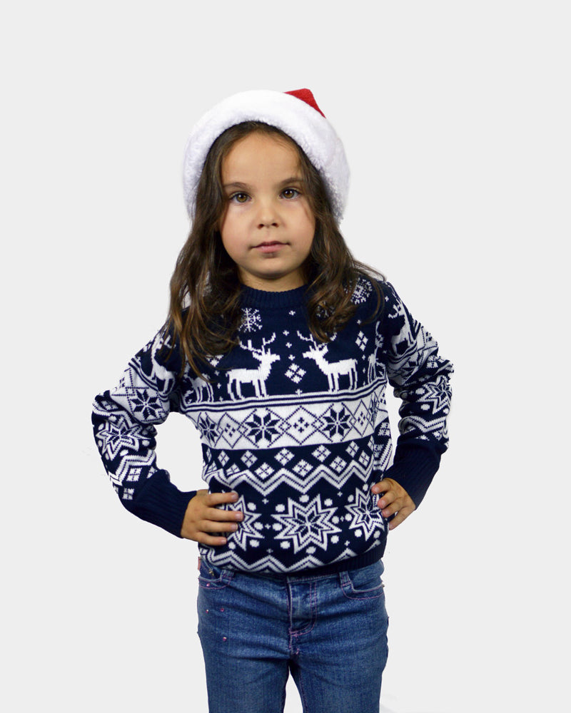 Blue Family Christmas Jumper with Reindeers and Nordic Stars Kids