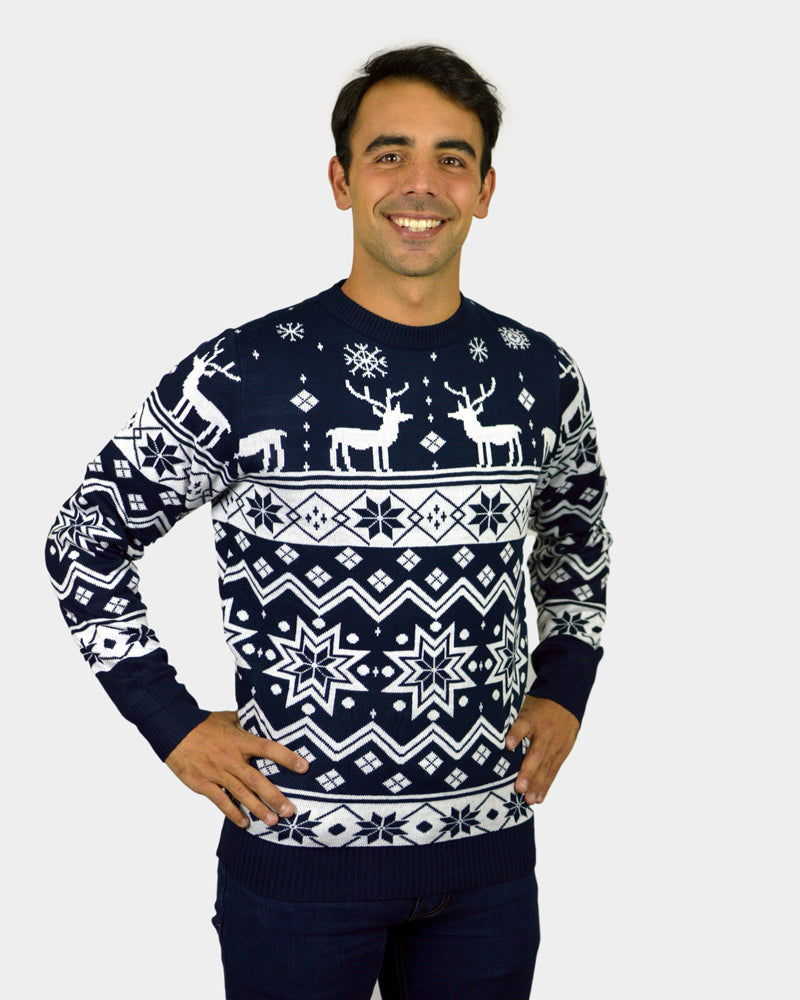Blue Family Christmas Jumper with Reindeers and Nordic Stars Mens