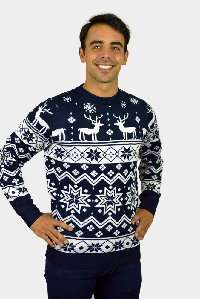 Blue Family Christmas Jumper with Reindeers and Nordic Stars Mens