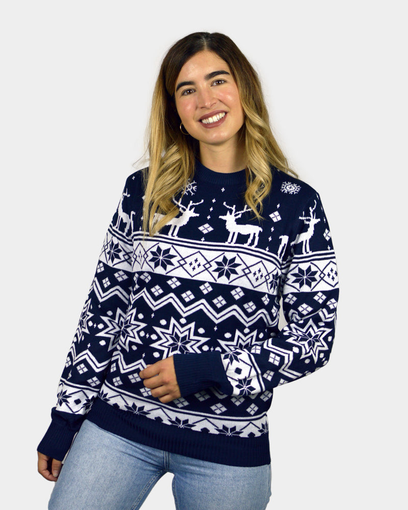 Blue Family Christmas Jumper with Reindeers and Nordic Stars Womens