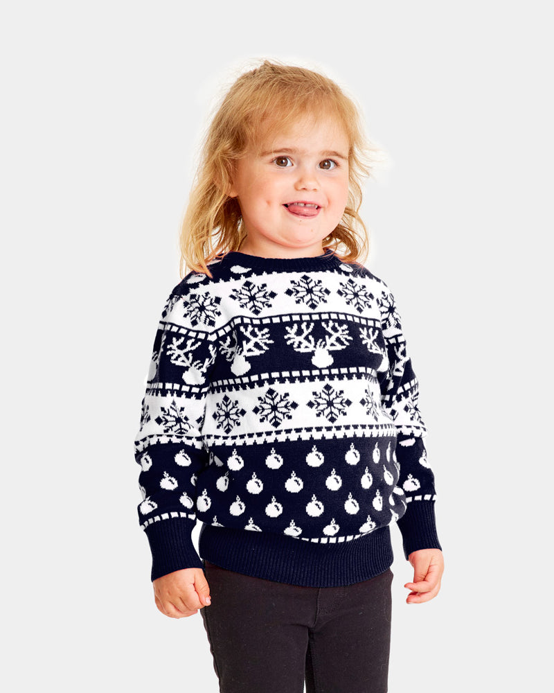 Blue Family Christmas Jumper with Reindeers and Snow Kids