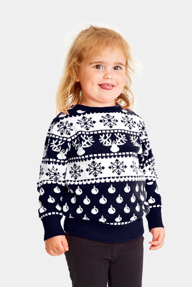 Blue Family Christmas Jumper with Reindeers and Snow Kids