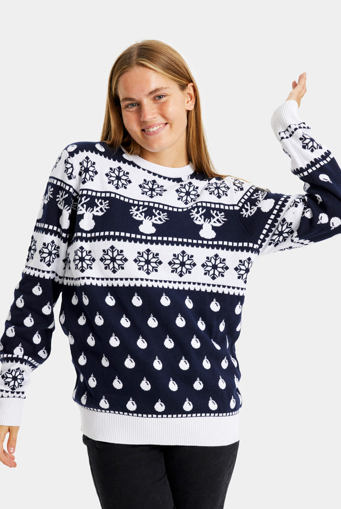 Blue Family Christmas Jumper with Reindeers and Snow womens