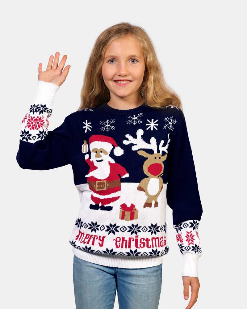 Blue Family Christmas Jumper with Santa and Rudolph Kids