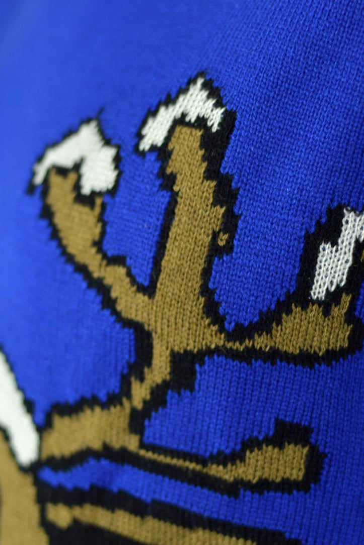 Blue Family Christmas Jumper with Smiling Reindeer Detail Snow