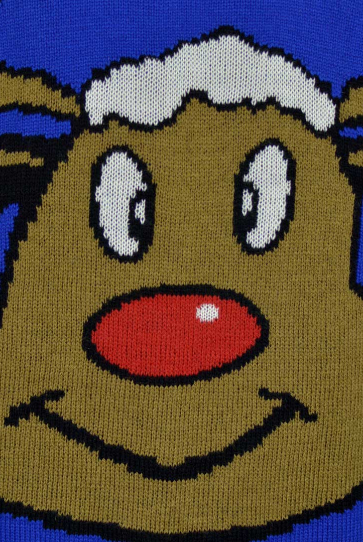 Blue Family Christmas Jumper with Smiling Reindeer Detail