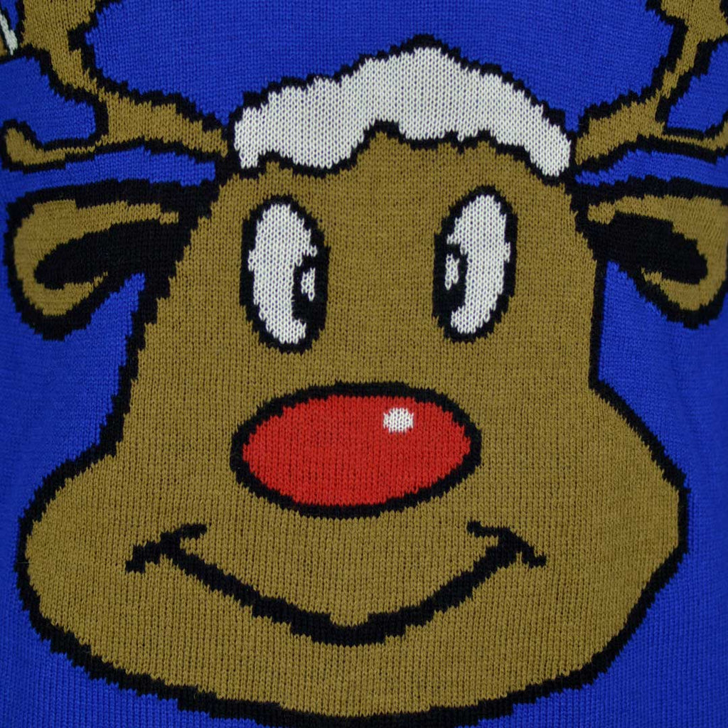 Blue Family Christmas Jumper with Smiling Reindeer Detail
