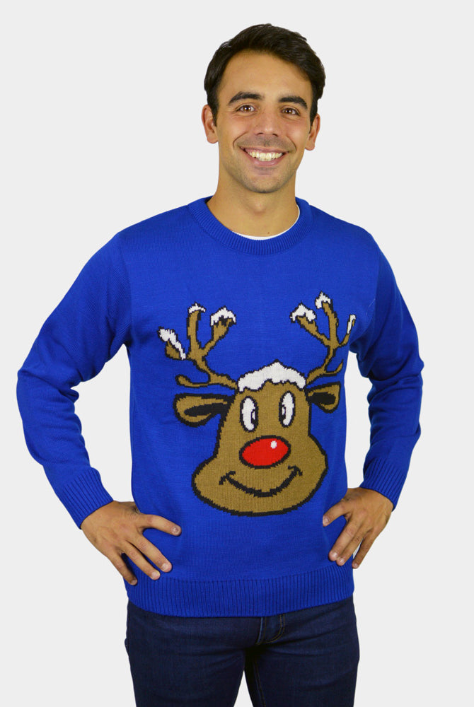 Blue Family Christmas Jumper with Smiling Reindeer Mens