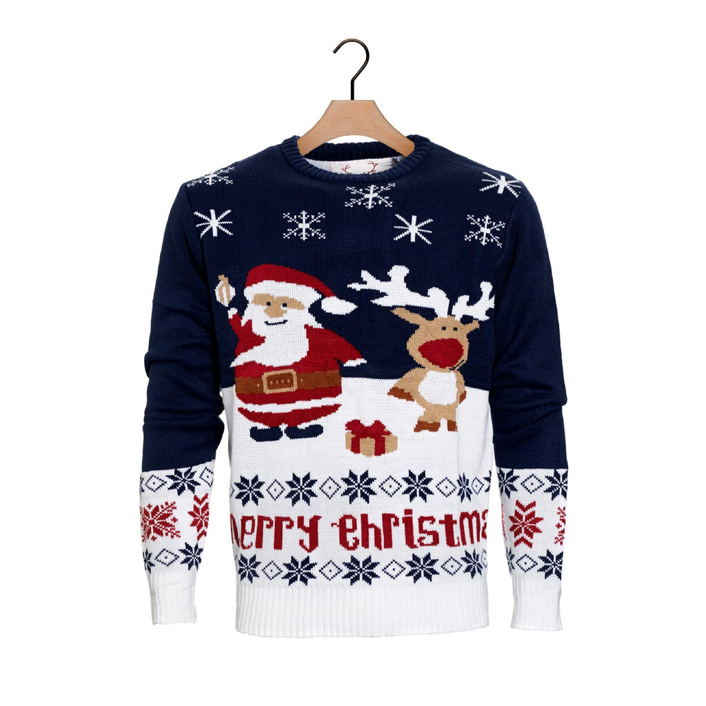 Blue Organic Cotton Christmas Jumper with Santa and Rudolph
