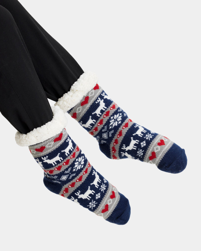 Blue Rubber Sole Christmas Socks with Reindeers and Hearts Womens and Mens
