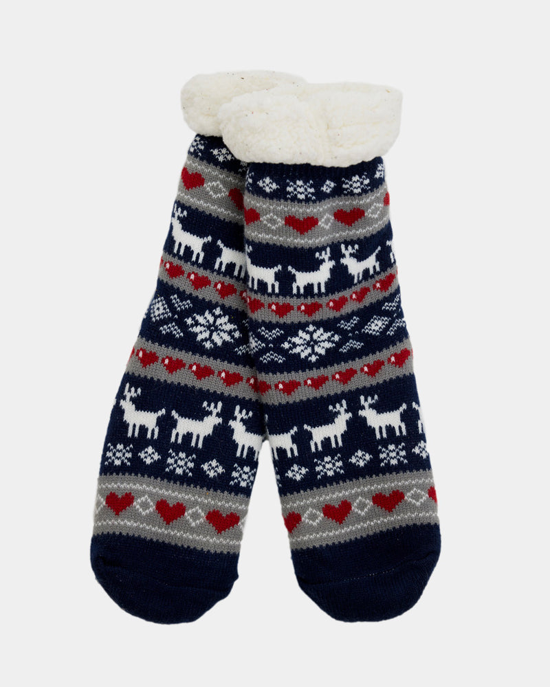 Blue Rubber Sole Christmas Socks with Reindeers and Hearts