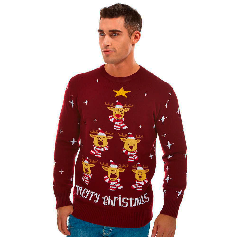 Burgundy Christmas Jumper with Reindeers, Christmas Tree and Star Mens