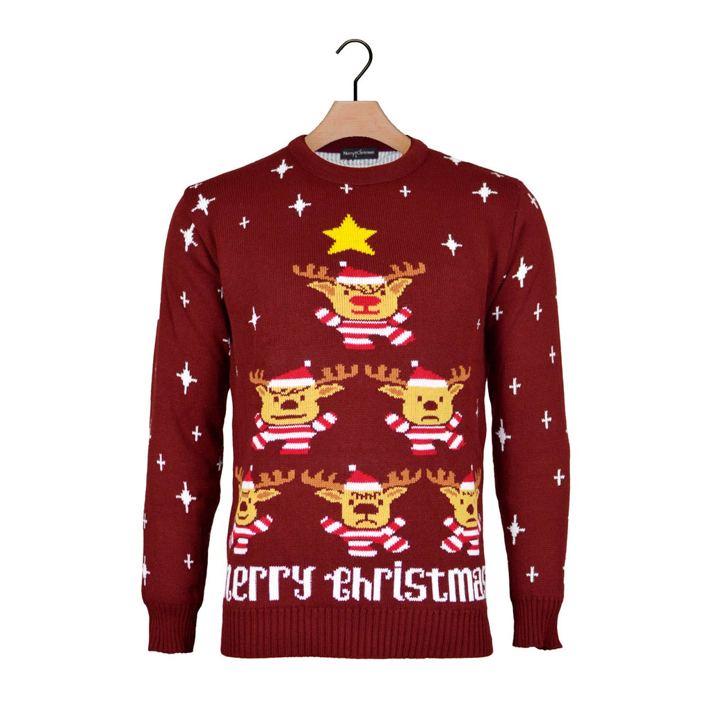 Burgundy Christmas Jumper with Reindeers, Christmas Tree and Star